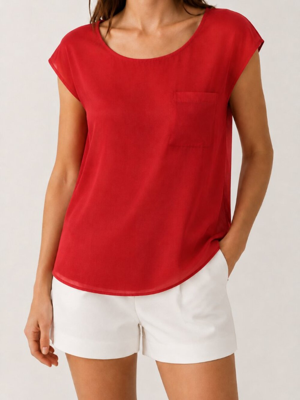 Forever 21 Red top blouse front pocket sheer short sleeves Sz.M